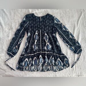 Free People Down by the Bay Blue Floral Print Longline Tunic Blouse XS